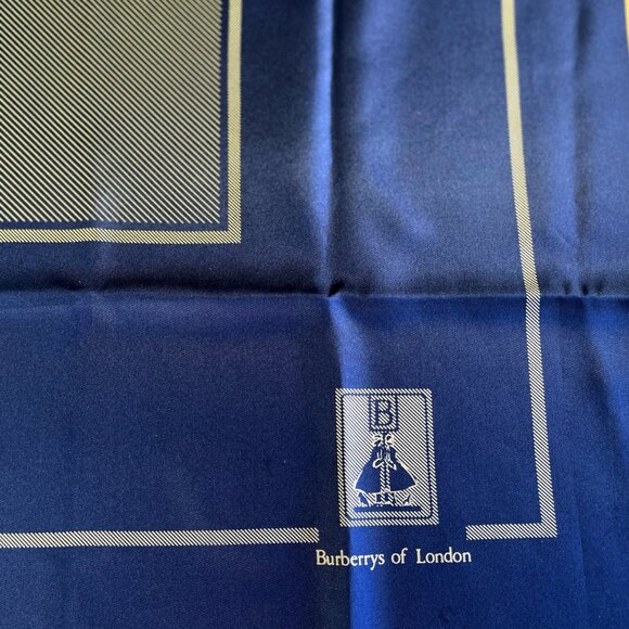 Vintage Burberrys of London Silk Scarf – Navy & Gold Geometric Border - Picture 2 of 11